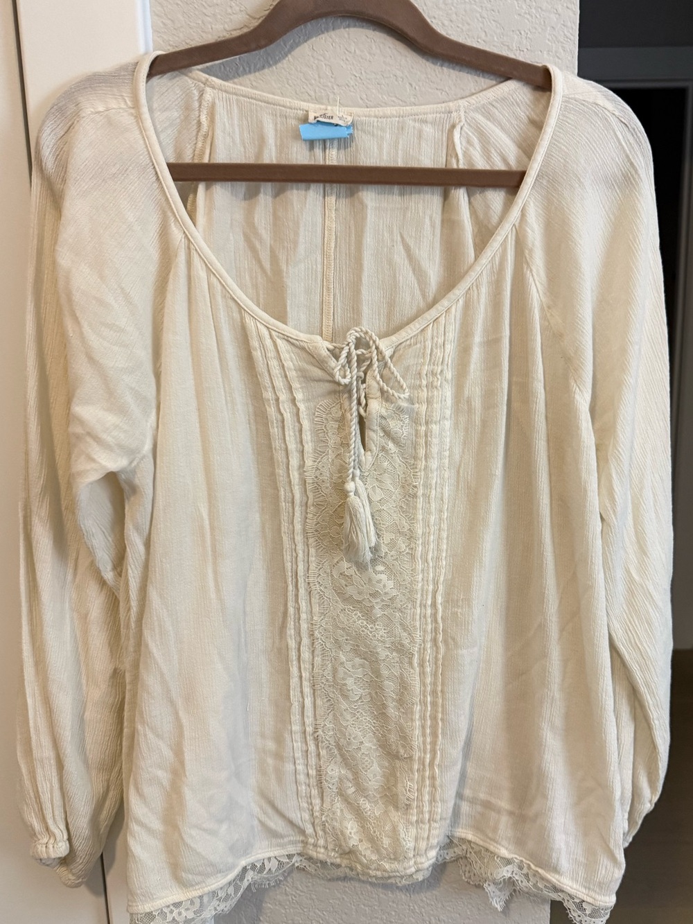 Hollister Cream Lace Detail Boho Peasant Blouse Top - Size L